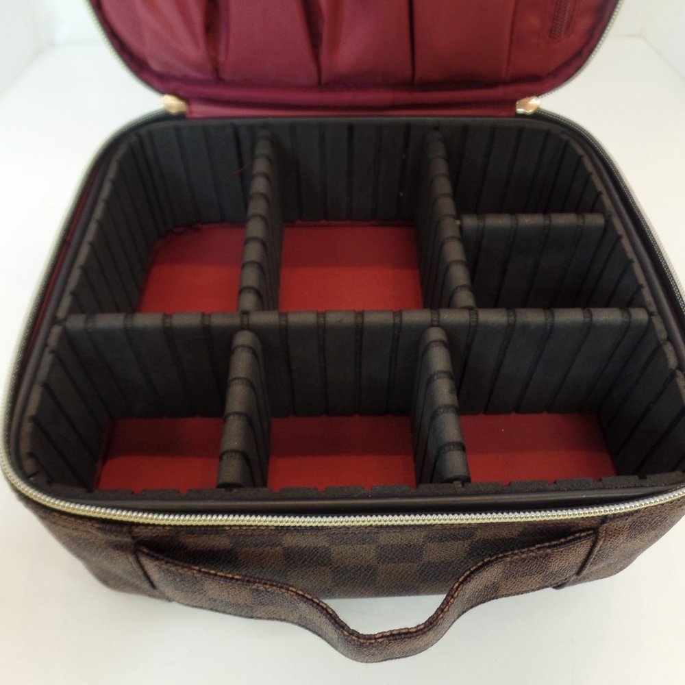 VOKUR Brown & Tan Square Traveling Jewelry Box Coated Canvas Zippered Darling - Picture 13 of 16